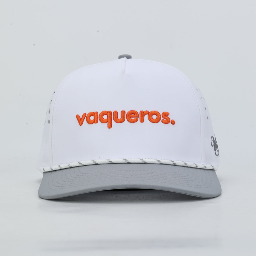 Vaqueros Rope Hat, White, straight front view of the orange vaqueros script above the white rope