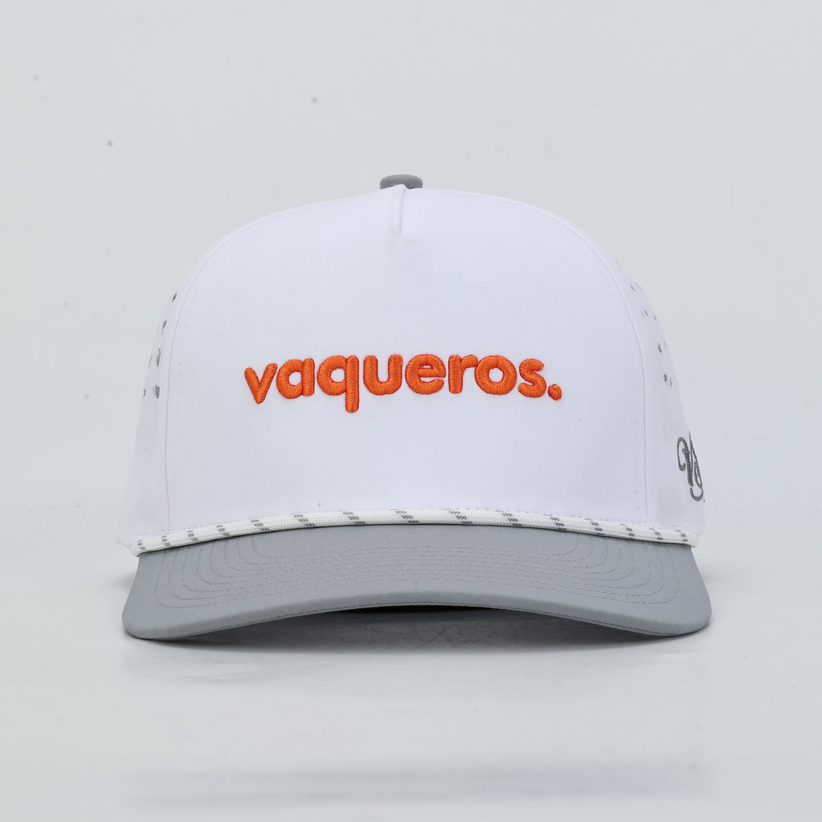 Vaqueros Rope Hat, White, straight front view of the orange vaqueros script above the white rope