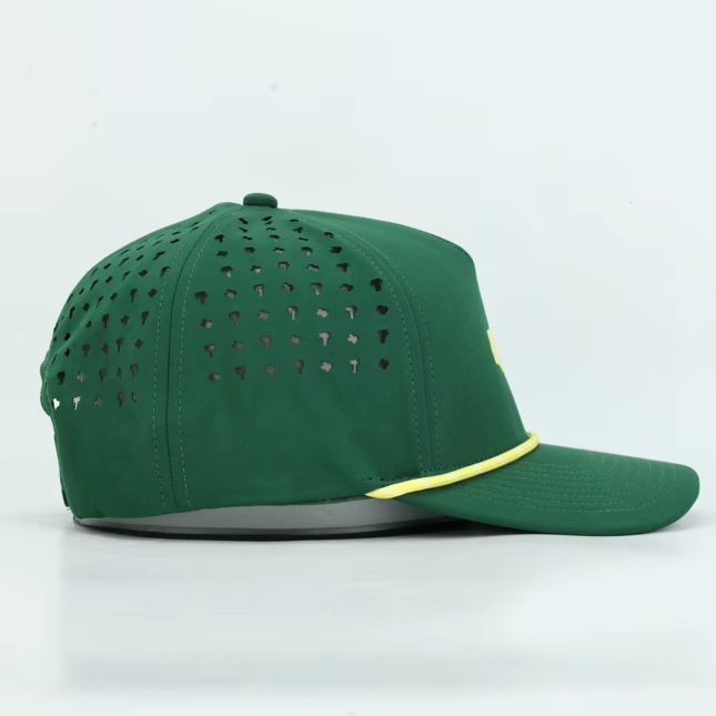Tee Time Green Rope Hat, right side profile showing laser cut perforation and the yellow rope
