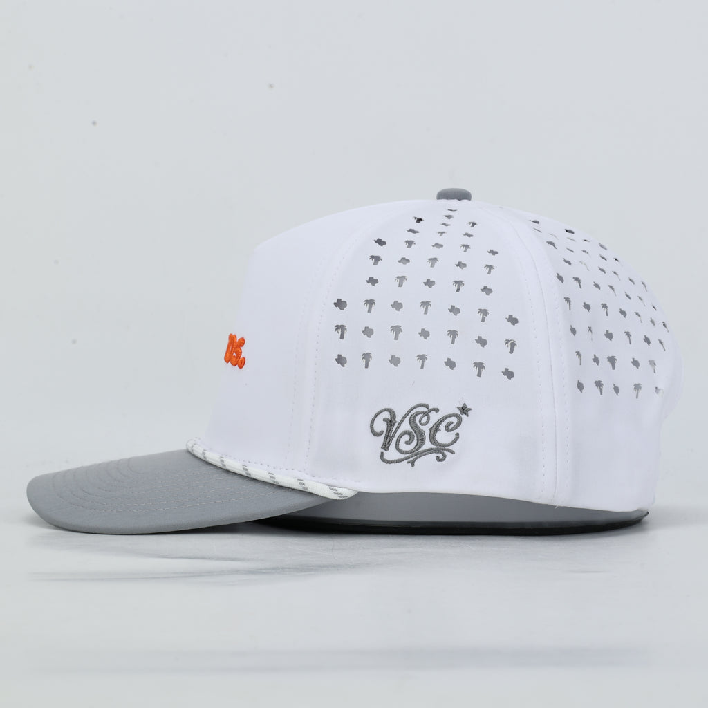 Vaqueros Rope Hat, White, left side profile with gray VSC monogram and palm and Texas perforation