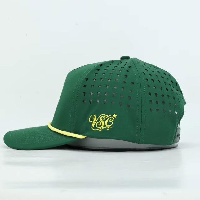 Tee Time Green Rope Hat, left side profile with yellow VSC monogram and palm and Texas perforation