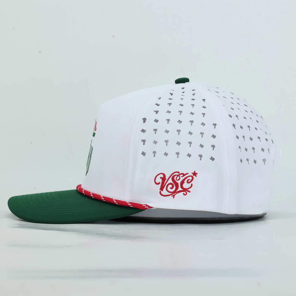 Tee Time Mexico White Rope Hat, left side profile with red VSC monogram and palm and Texas perforation