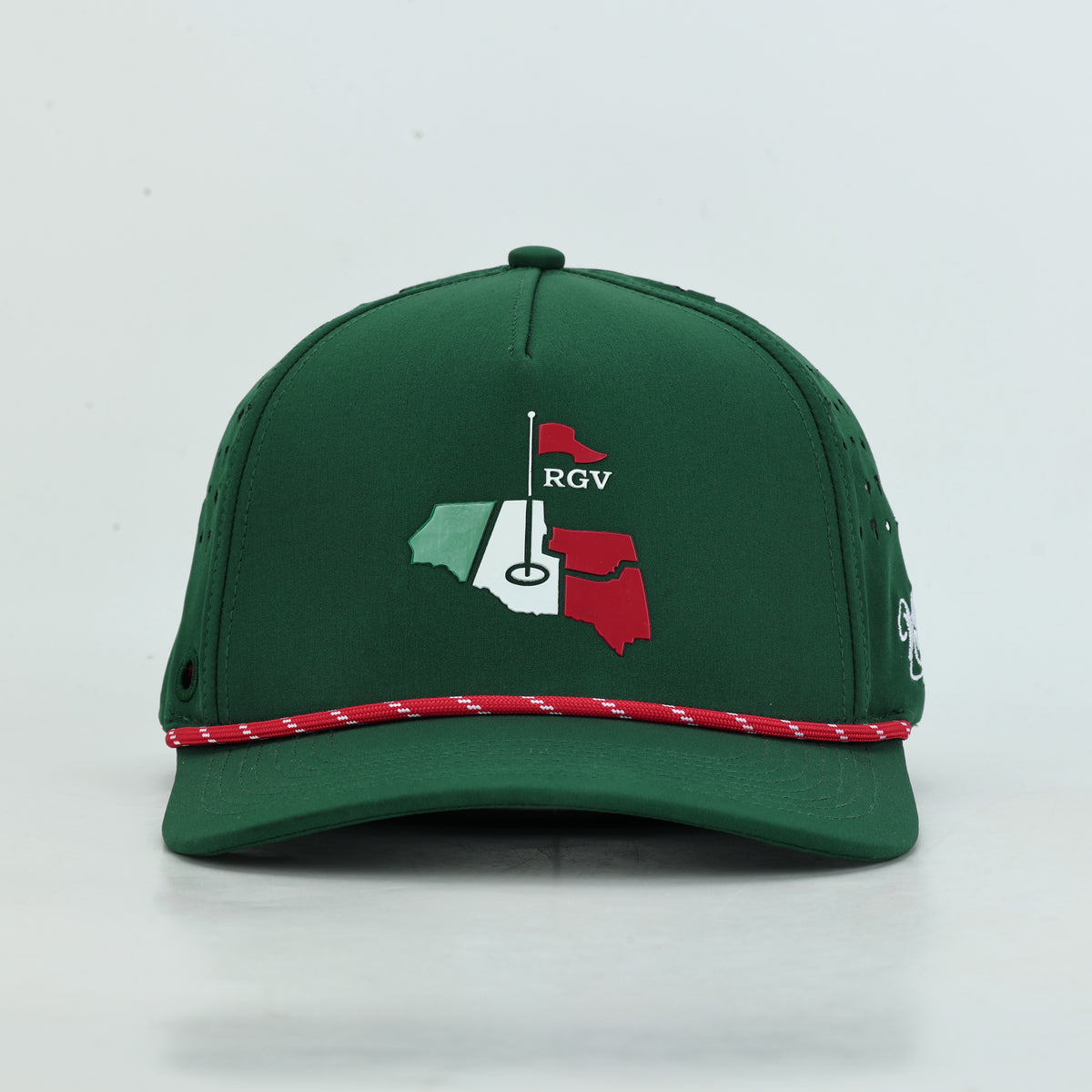 Tee Time Mexico Green Rope Hat, straight front view of the green, white and red RGV mark above the red rope