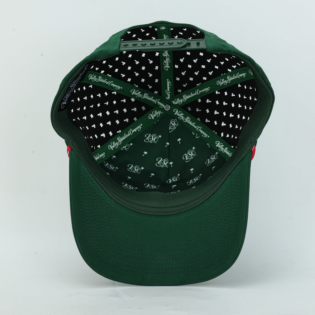 Tee Time Mexico Green Rope Hat, underside view of the green bill and printed interior taping