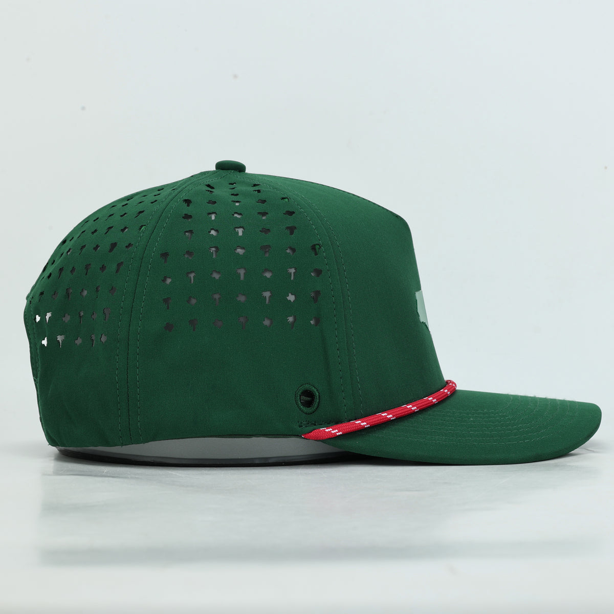Tee Time Mexico Green Rope Hat, right side profile showing laser cut perforation and red and white rope