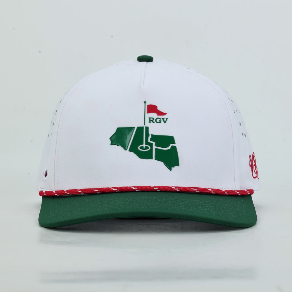 Tee Time Mexico White Rope Hat, straight front view of the green RGV mark with red flag above the red rope