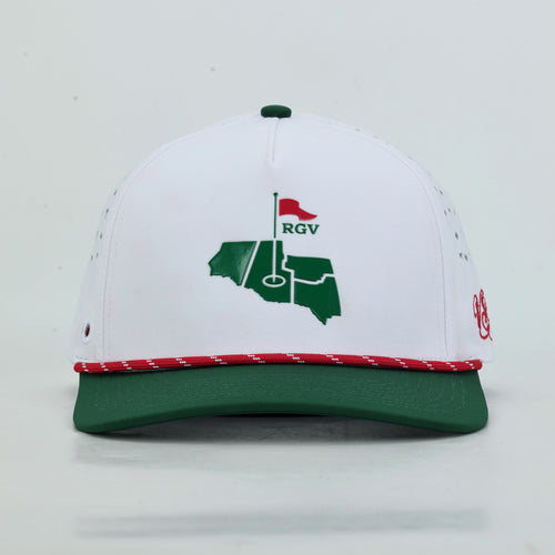 Tee Time Mexico White Rope Hat, straight front view of the green RGV mark with red flag above the red rope