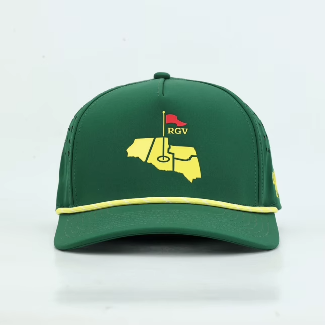 Tee Time Green Rope Hat, straight front view of the yellow RGV mark with red flag above the yellow rope