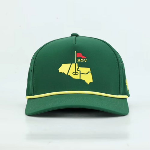 Tee Time Green Rope Hat, straight front view of the yellow RGV mark with red flag above the yellow rope