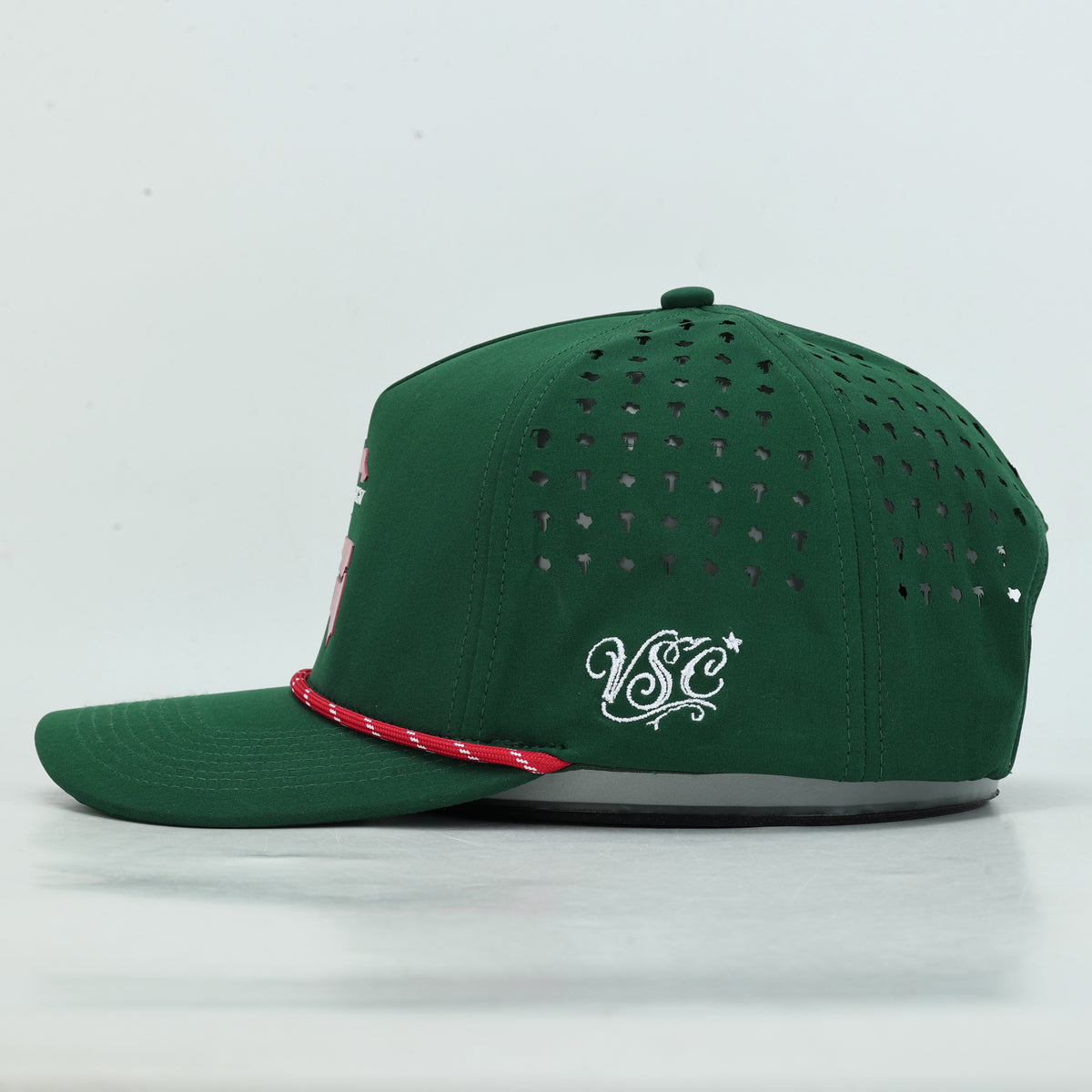 Tee Time Mexico Green Rope Hat, left side profile with white VSC monogram and palm and Texas perforation