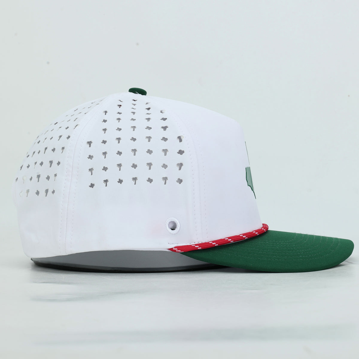 Tee Time Mexico White Rope Hat, right side profile of the white crown perforation and green bill