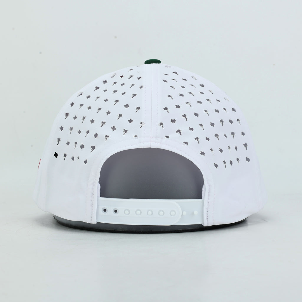 Tee Time Mexico White Rope Hat, back view of the white snapback closure and perforated panels